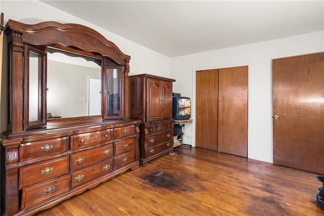 bedroom with dark hardwood / wood-style flooring and a closet