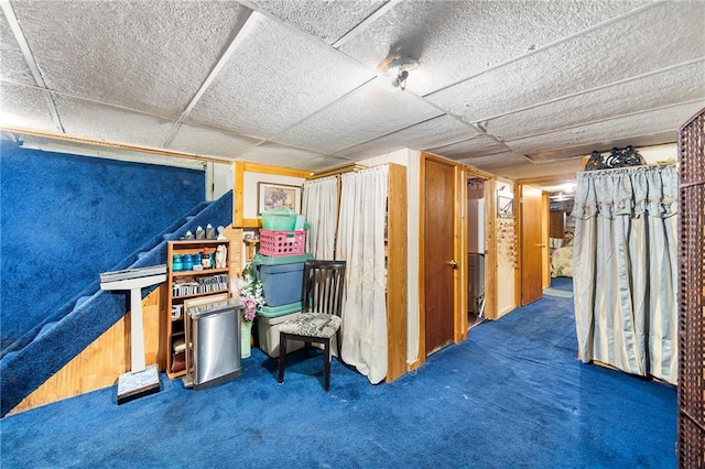 basement with wooden walls and dark carpet