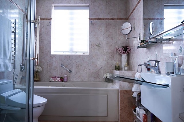 full bathroom with backsplash, independent shower and bath, tile walls, toilet, and vanity