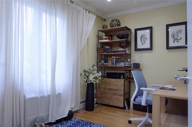 office area featuring ornamental molding and light wood-type flooring