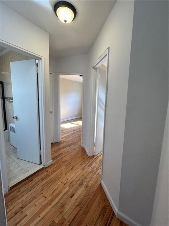 hallway featuring radiator heating unit and light wood-type flooring