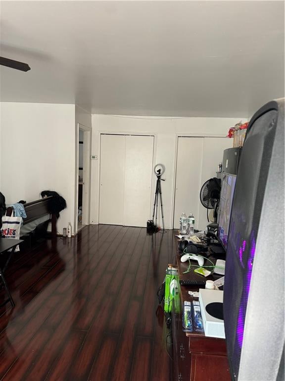 office area featuring ceiling fan and hardwood / wood-style floors