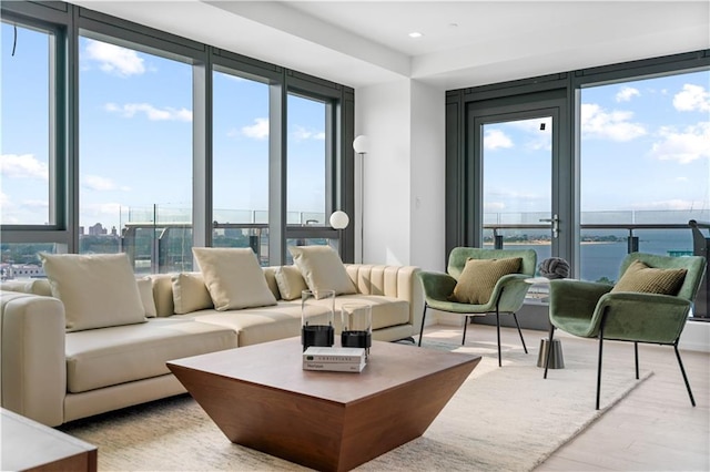 living room featuring light hardwood / wood-style flooring and a water view