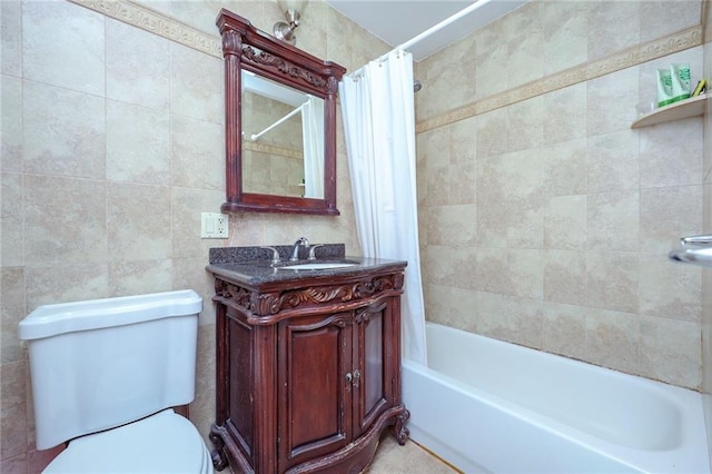 full bathroom with vanity, toilet, shower / bathtub combination with curtain, and tile walls