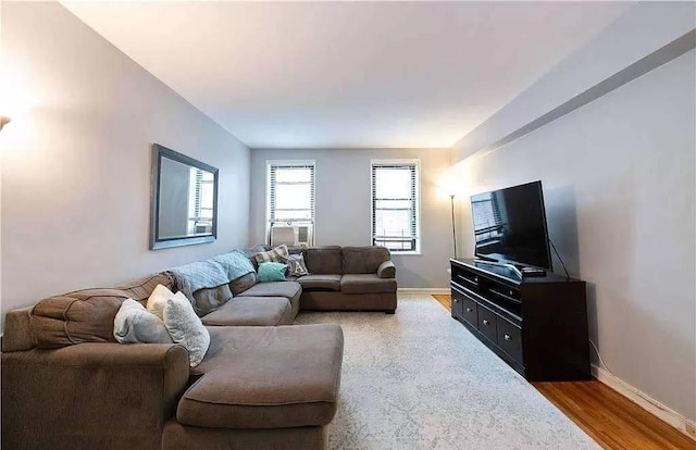 living area with baseboards and wood finished floors