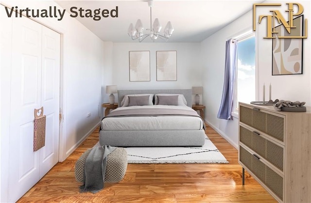 14 Webers Ct, Brooklyn, NY 11235 - bedroom with a chandelier, baseboards, and wood finished floors