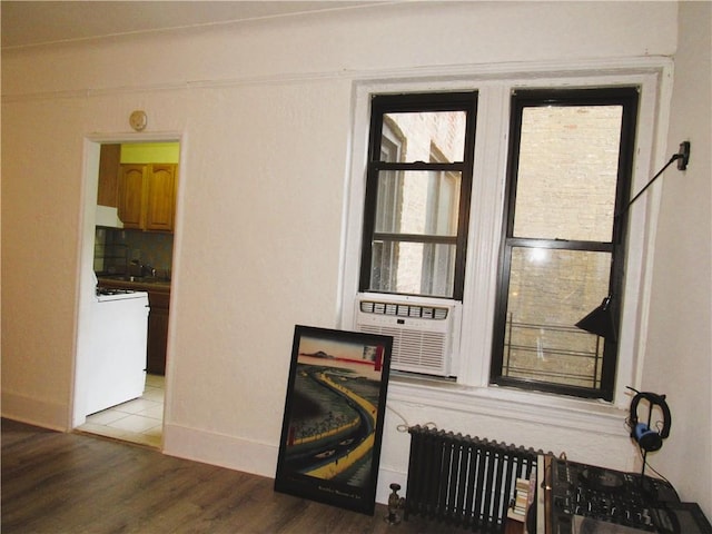 room details with sink, white range with gas stovetop, wood-type flooring, radiator, and cooling unit