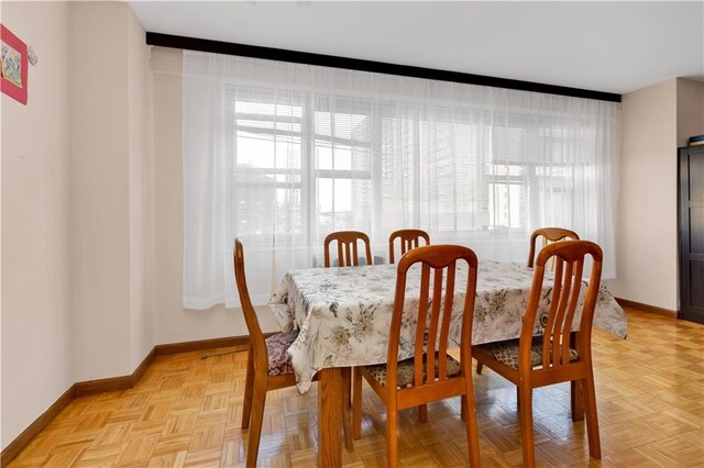 dining room with light parquet floors