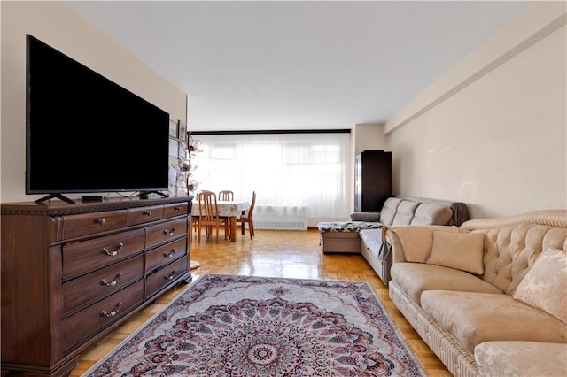 living room featuring light hardwood / wood-style floors and radiator heating unit