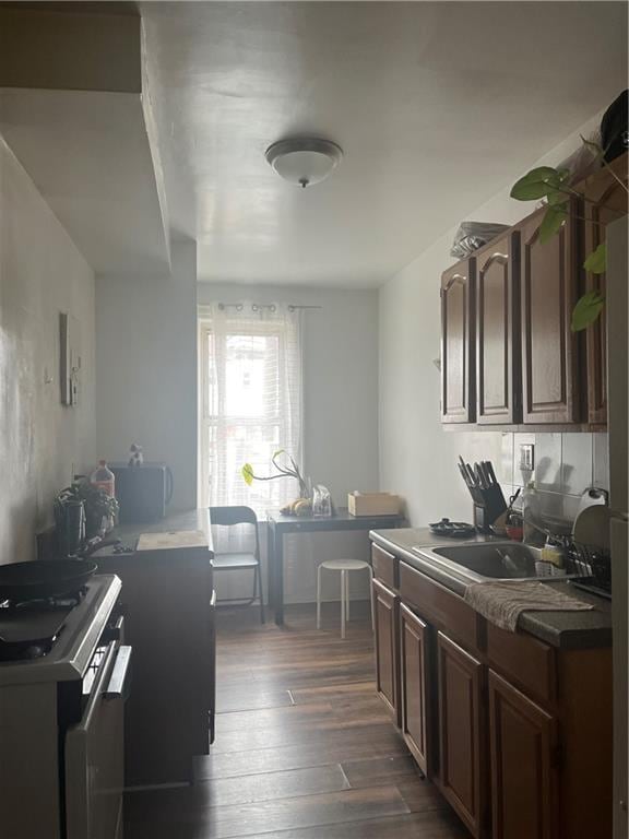 kitchen with dark countertops, a sink, dark wood-type flooring, and range