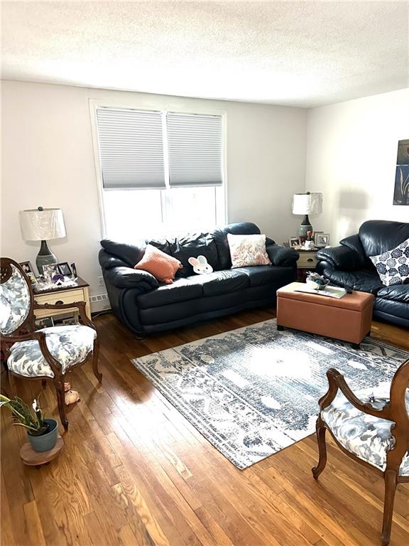 living room with hardwood / wood-style flooring and a textured ceiling