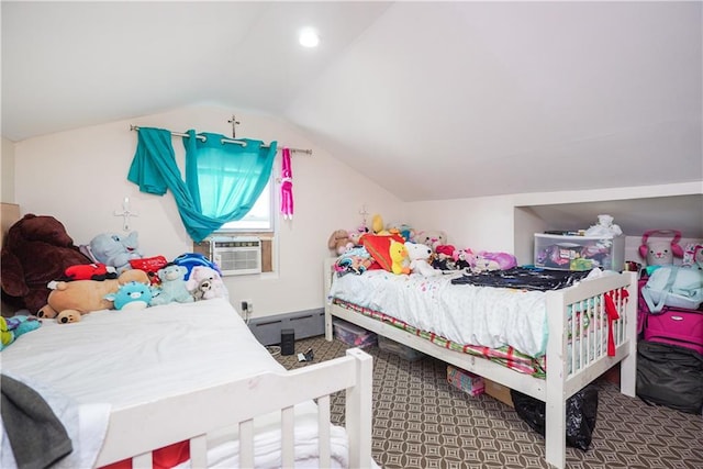 carpeted bedroom featuring cooling unit, lofted ceiling, and baseboard heating