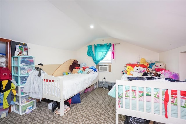 carpeted bedroom with cooling unit, lofted ceiling, and baseboard heating