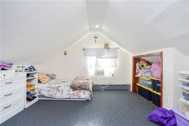 bedroom featuring cooling unit, a baseboard radiator, lofted ceiling, and dark colored carpet