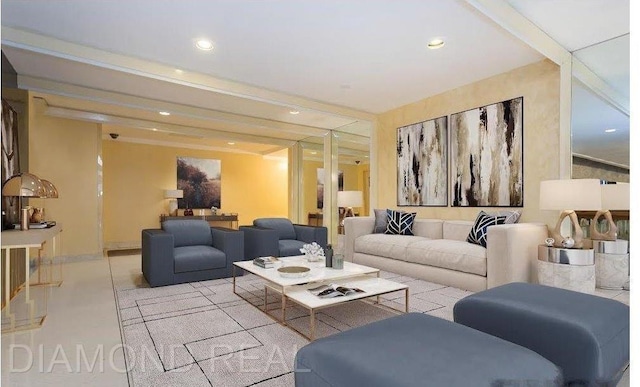 living room featuring beamed ceiling