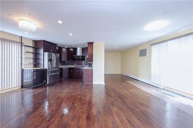 kitchen featuring stainless steel refrigerator with ice dispenser, dark hardwood / wood-style floors, range hood, dark brown cabinets, and a chandelier