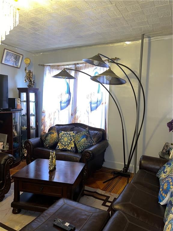 living room with a chandelier