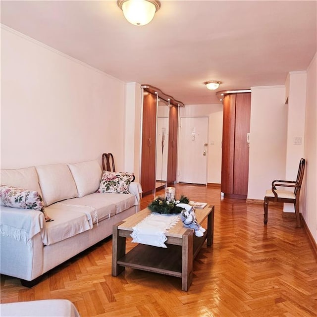 living room with parquet flooring