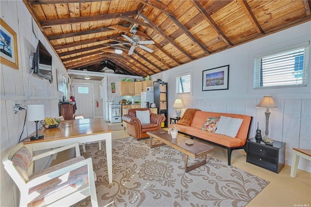 living room featuring lofted ceiling with beams, wooden walls, wooden ceiling, and ceiling fan