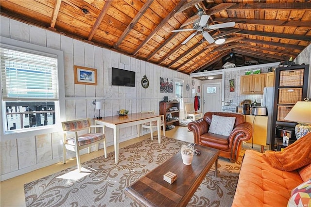 living room with lofted ceiling with beams, wooden walls, ceiling fan, and wooden ceiling