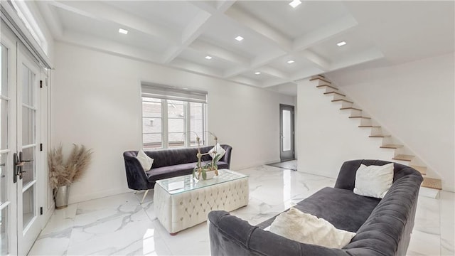 living room with beam ceiling and coffered ceiling