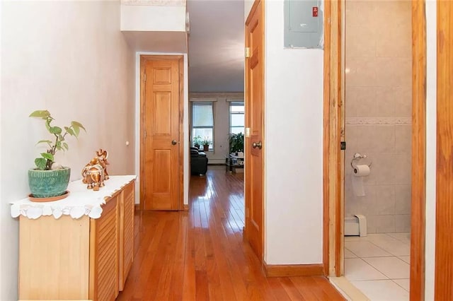 hallway featuring light wood-style floors, baseboards, electric panel, and baseboard heating