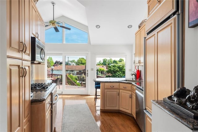 kitchen with high vaulted ceiling, sink, ceiling fan, stainless steel appliances, and light wood-type flooring