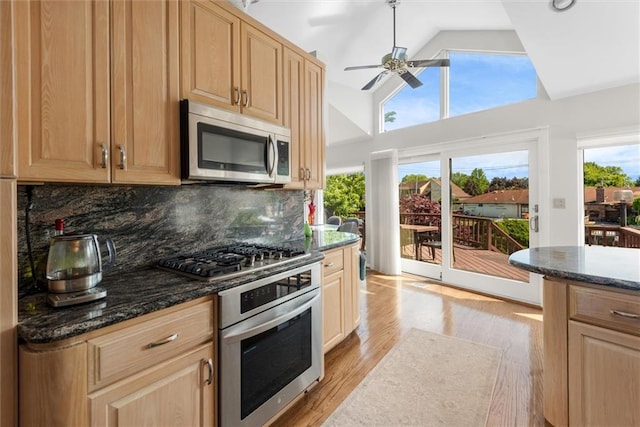 kitchen with light hardwood / wood-style flooring, appliances with stainless steel finishes, dark stone countertops, tasteful backsplash, and vaulted ceiling