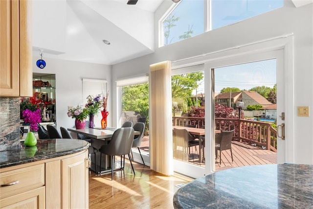 interior space featuring a high ceiling and light hardwood / wood-style floors