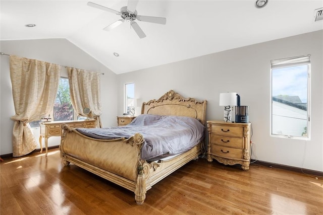 2729 Shore Dr, Merrick, NY 11566 - bedroom featuring wood finished floors, ceiling fan, lofted ceiling, and visible vents