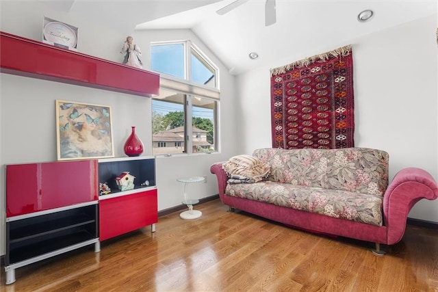 2729 Shore Dr, Merrick, NY 11566 - living area featuring a ceiling fan, baseboards, wood finished floors, and lofted ceiling