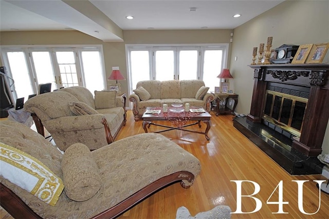 living area with a glass covered fireplace, wood finished floors, plenty of natural light, and french doors