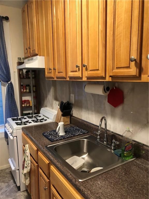 kitchen with white range with gas stovetop, tasteful backsplash, and sink