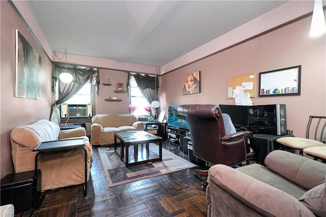 living room featuring cooling unit and dark parquet flooring