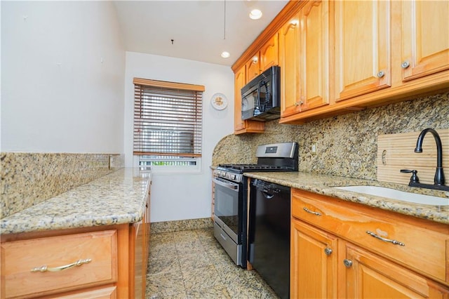 kitchen featuring sink, backsplash, black appliances, and light stone counters