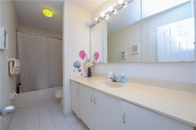 full bathroom featuring tile patterned floors, vanity, toilet, and shower / bathtub combination with curtain