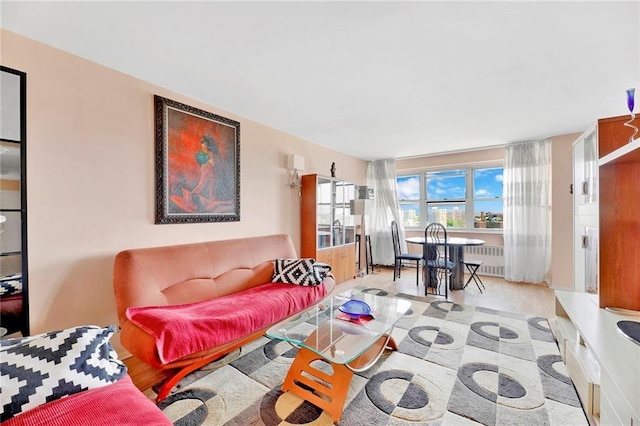 living room with radiator heating unit and light hardwood / wood-style floors