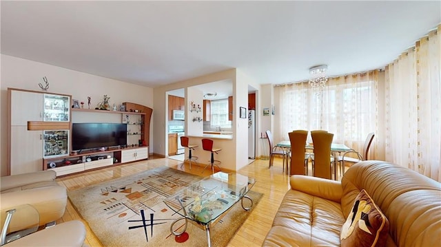 living room with hardwood / wood-style flooring and sink