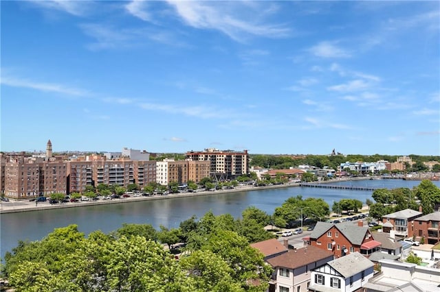 drone / aerial view with a water view