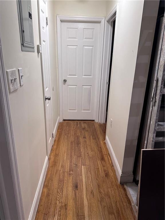 corridor featuring hardwood / wood-style flooring and electric panel