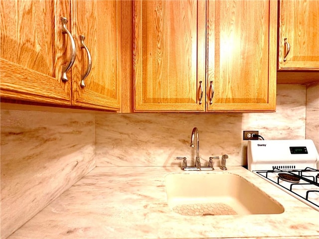 details featuring tasteful backsplash, a sink, and gas range gas stove