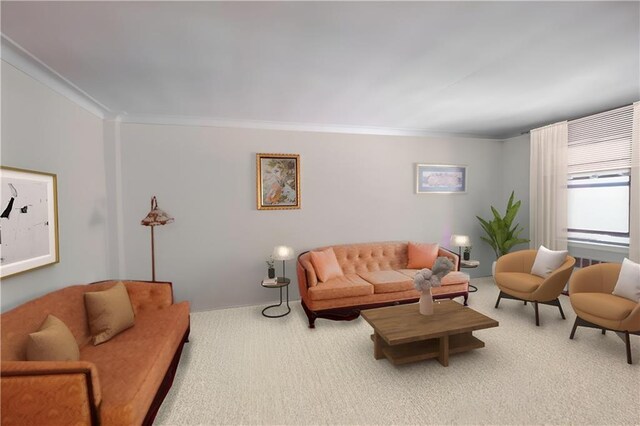 living area featuring carpet flooring, radiator heating unit, and crown molding