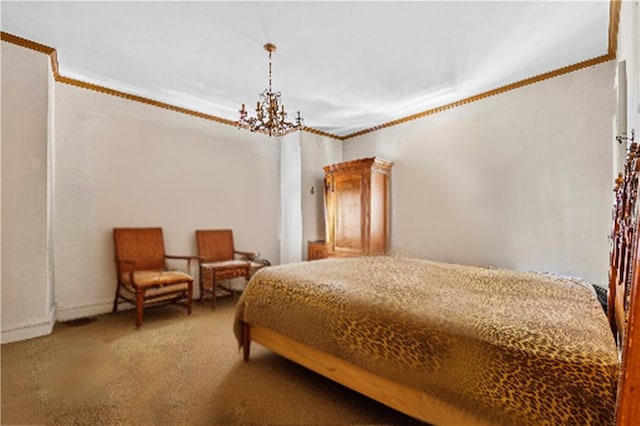 carpeted bedroom with a chandelier