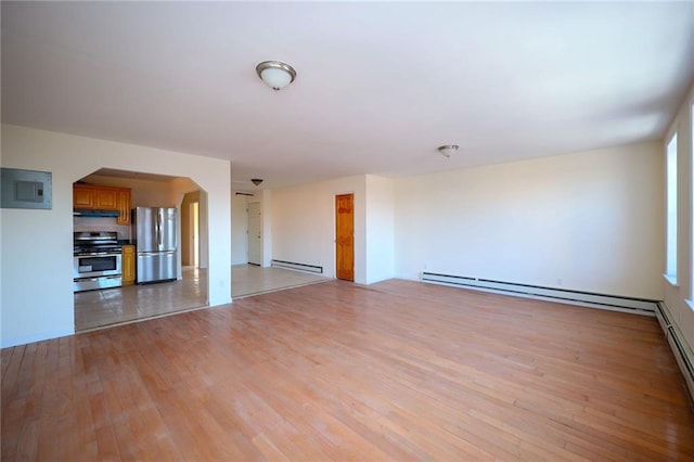 unfurnished living room featuring light hardwood / wood-style floors, electric panel, and a baseboard radiator