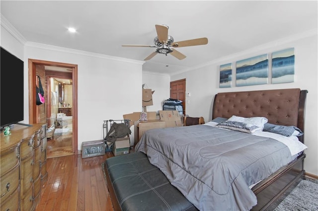 bedroom with hardwood / wood-style flooring, ceiling fan, and ornamental molding