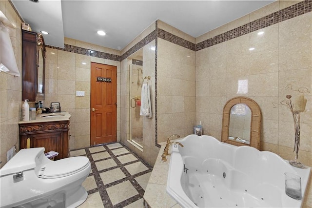 full bathroom featuring shower with separate bathtub, tile walls, tile patterned flooring, vanity, and toilet