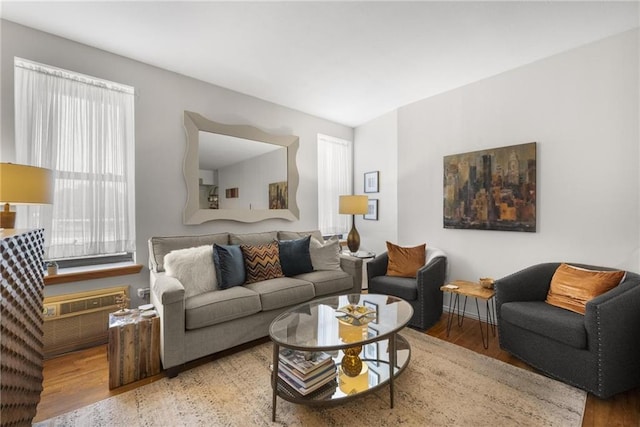 living room with a wall mounted air conditioner and hardwood / wood-style flooring