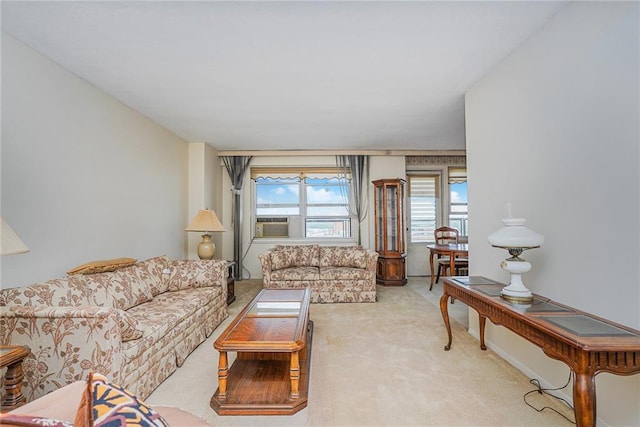 living room featuring light colored carpet and cooling unit