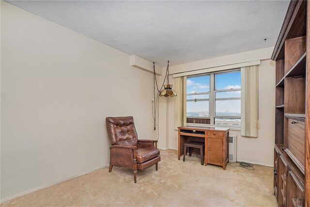 living area with light colored carpet and radiator