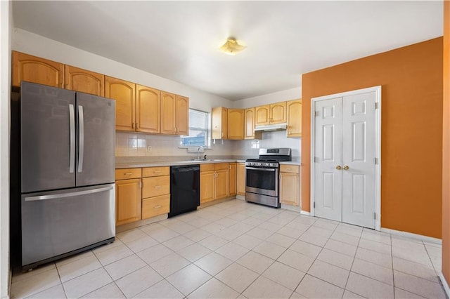 kitchen with light brown cabinetry, tasteful backsplash, stainless steel appliances, sink, and light tile patterned floors